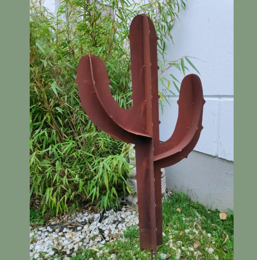 Rust garden stake rust garden sculpture figure cactus