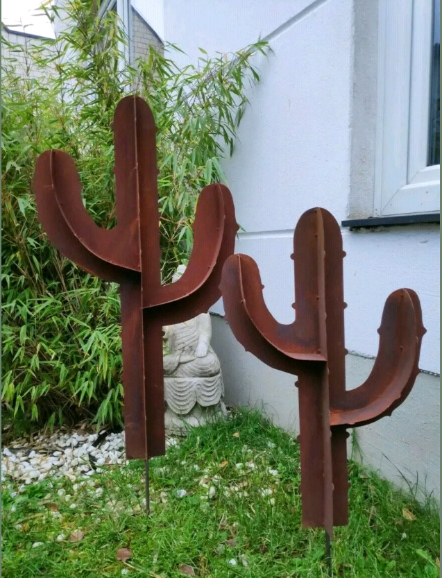 Rust garden stake rust garden sculpture figure cactus