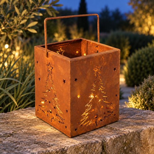 Edelrost-Weihnachtslaterne mit Tragegriff und feinen Tannenbaum- und Sternmotiven auf einer Gartenterrasse bei Abendlicht.